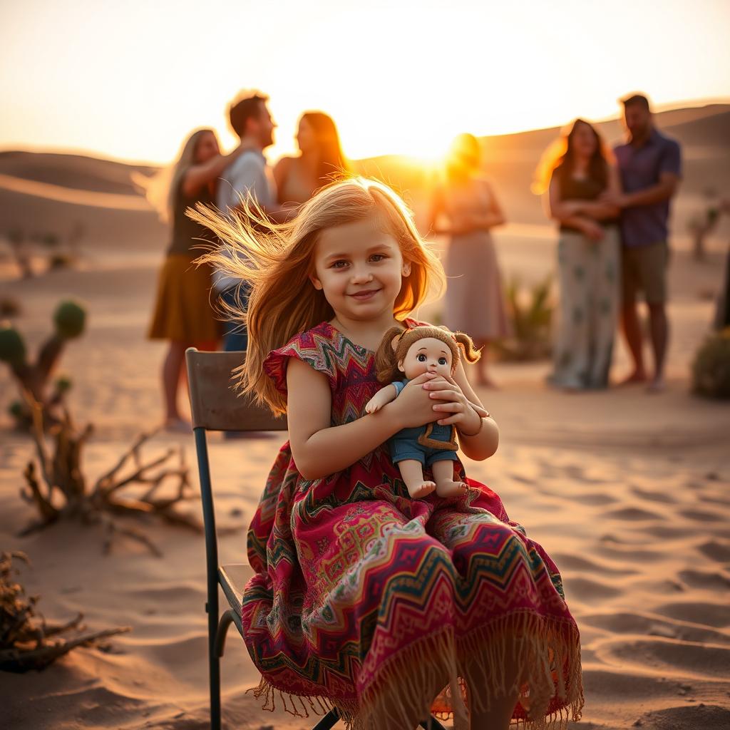 A girl sitting on a chair in the desert, holding her doll tightly in her arms