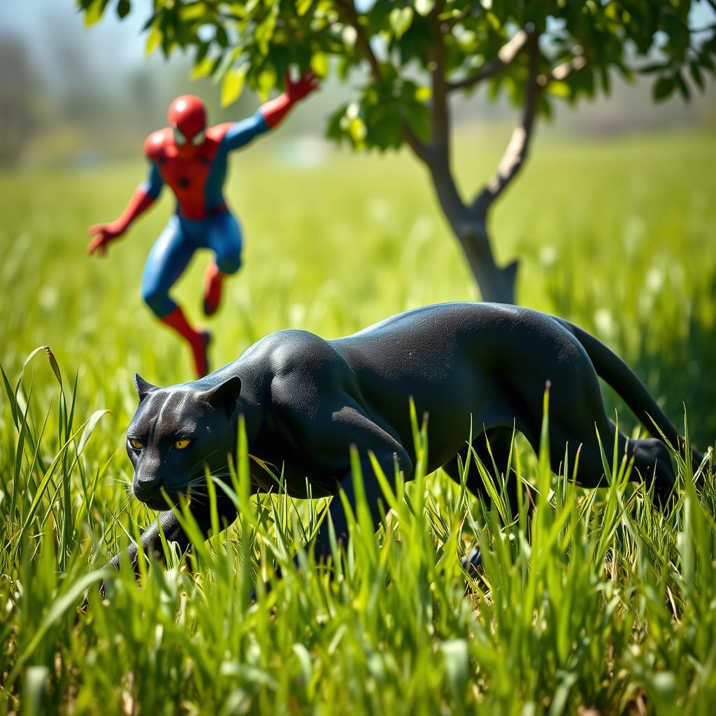 A sleek black panther stealthily stalking through tall green grass under bright daylight, showcasing its sleek, muscular form