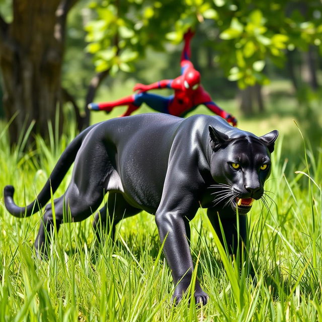 A sleek black panther stealthily stalking through tall green grass under bright daylight, showcasing its sleek, muscular form