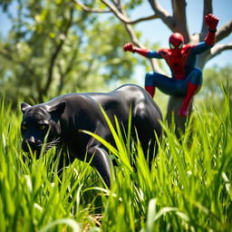 A sleek black panther stealthily stalking through tall green grass under bright daylight, showcasing its sleek, muscular form