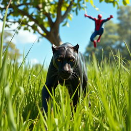 A sleek black panther stealthily stalking through tall green grass under bright daylight, showcasing its sleek, muscular form
