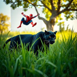 A sleek black panther stealthily stalking through tall grass under bright daylight, its muscular body perfectly camouflaged within the vibrant green surroundings