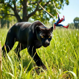 A sleek black panther stealthily stalking through tall grass under bright daylight, its muscular body perfectly camouflaged within the vibrant green surroundings