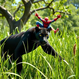 A sleek black panther stealthily stalking through tall grass under bright daylight, its muscular body perfectly camouflaged within the vibrant green surroundings