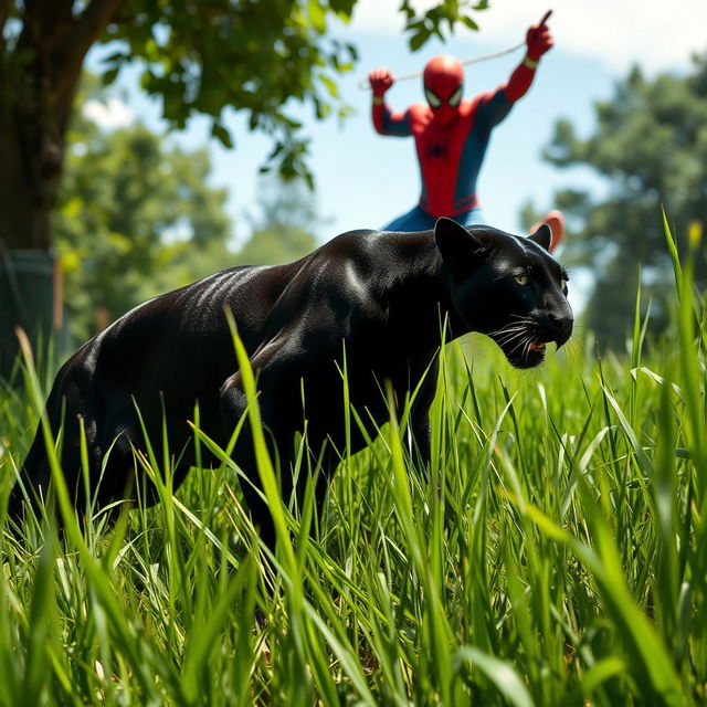 A sleek black panther stealthily stalking through tall grass under bright daylight, its muscular body perfectly camouflaged within the vibrant green surroundings