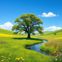 A serene landscape depicting a lush green meadow under a clear blue sky, where a single majestic oak tree stands prominently in the center