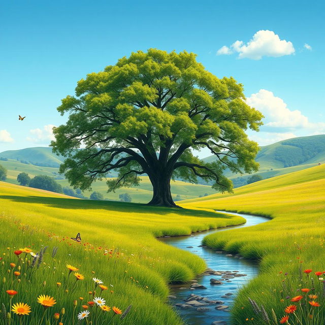 A serene landscape depicting a lush green meadow under a clear blue sky, where a single majestic oak tree stands prominently in the center