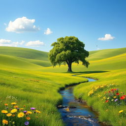 A serene landscape depicting a lush green meadow under a clear blue sky, where a single majestic oak tree stands prominently in the center