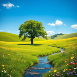 A serene landscape depicting a lush green meadow under a clear blue sky, where a single majestic oak tree stands prominently in the center