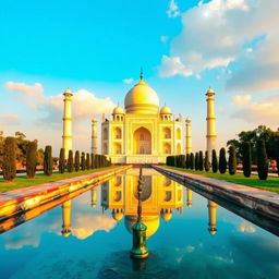 A stunning view of the Taj Mahal, captured during the golden hour, showcasing the intricate details of its white marble façade and the lush green gardens surrounding it