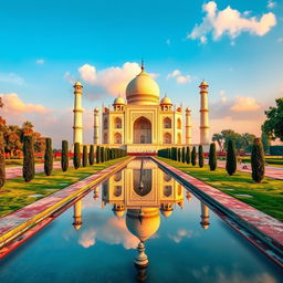 A stunning view of the Taj Mahal, captured during the golden hour, showcasing the intricate details of its white marble façade and the lush green gardens surrounding it