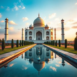 A stunning view of the Taj Mahal, captured during the golden hour, showcasing the intricate details of its white marble façade and the lush green gardens surrounding it