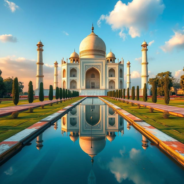 A stunning view of the Taj Mahal, captured during the golden hour, showcasing the intricate details of its white marble façade and the lush green gardens surrounding it