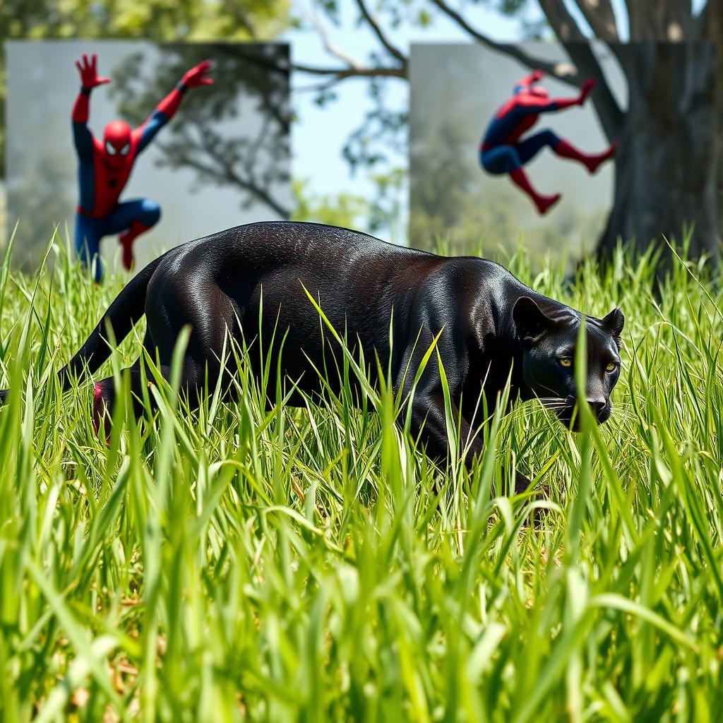 A sleek black panther stealthily stalking through tall green grass in bright daylight, showcasing its powerful physique and glossy coat