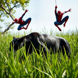 A sleek black panther stealthily stalking through tall green grass in bright daylight, showcasing its powerful physique and glossy coat