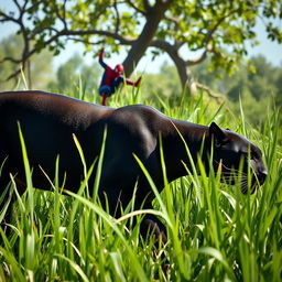 A sleek black panther stealthily stalking through tall green grass in bright daylight, showcasing its powerful physique and glossy coat