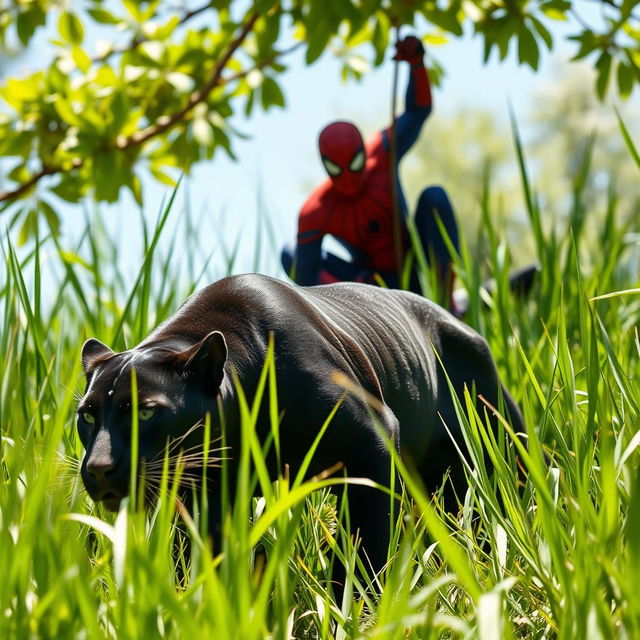 A sleek black panther stealthily stalking through tall green grass in bright daylight, showcasing its powerful physique and glossy coat