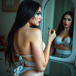 A beautiful 19-year-old woman with pale skin and long black hair, showcasing enchanting crystal blue eyes