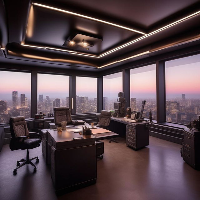 A penthouse office modeled after a SWAT commander's office, incorporating features suggested by the image provided in the linked website.