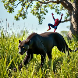 A sleek black panther elegantly stalking through tall green grass in bright daylight, its powerful and graceful physique on display