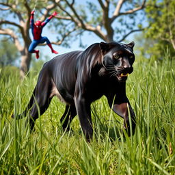 A sleek black panther elegantly stalking through tall green grass in bright daylight, its powerful and graceful physique on display