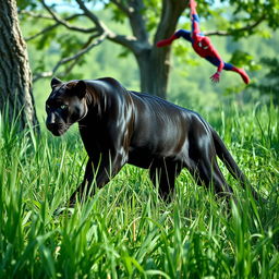 A sleek black panther elegantly stalking through tall green grass in bright daylight, its powerful and graceful physique on display