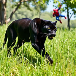 A sleek black panther elegantly stalking through tall green grass in bright daylight, its powerful and graceful physique on display