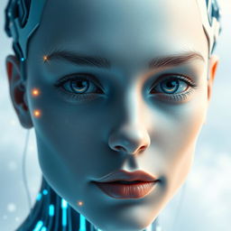 A highly detailed, hyper-realistic AI-generated portrait of a human face, blending natural and artificial features