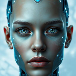 A highly detailed, hyper-realistic AI-generated portrait of a human face, blending natural and artificial features