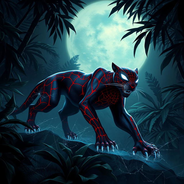 A hybrid panther featuring Spider-Man's iconic red and blue patterns, adorned with glowing web-like markings, prowling through a mysterious moonlit jungle