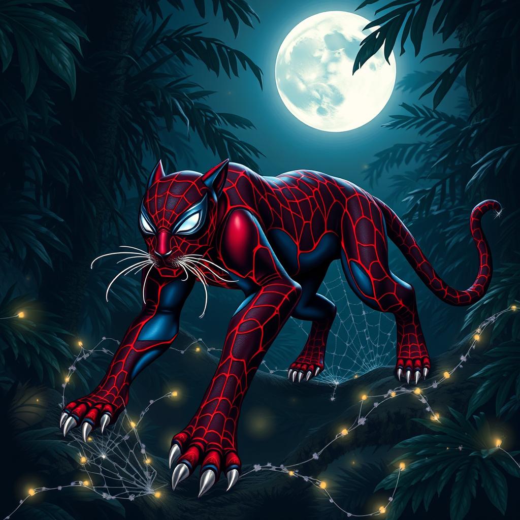 A hybrid panther featuring Spider-Man's iconic red and blue patterns, adorned with glowing web-like markings, prowling through a mysterious moonlit jungle