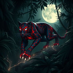 A hybrid panther featuring Spider-Man's iconic red and blue patterns, adorned with glowing web-like markings, prowling through a mysterious moonlit jungle