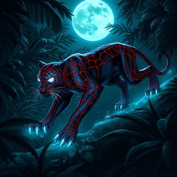 A hybrid panther featuring Spider-Man's iconic red and blue patterns, adorned with glowing web-like markings, prowling through a mysterious moonlit jungle