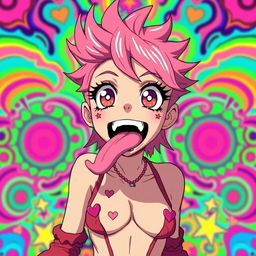 A hyper-stylized anime character featuring an exaggerated ahegao expression, showcasing the trademark oversized eyes and tongue sticking out, with a background of vibrant, colorful psychedelic patterns that enhance the emotional intensity