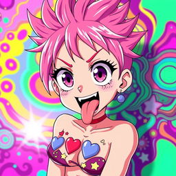 A hyper-stylized anime character featuring an exaggerated ahegao expression, showcasing the trademark oversized eyes and tongue sticking out, with a background of vibrant, colorful psychedelic patterns that enhance the emotional intensity