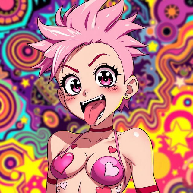 A hyper-stylized anime character featuring an exaggerated ahegao expression, showcasing the trademark oversized eyes and tongue sticking out, with a background of vibrant, colorful psychedelic patterns that enhance the emotional intensity