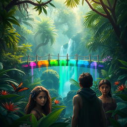A mystical jungle scene featuring a magical seven-colored bridge that is renowned among villagers