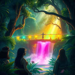 A mystical jungle scene featuring a magical seven-colored bridge that is renowned among villagers