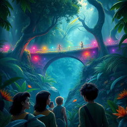 A mystical jungle scene featuring a magical seven-colored bridge that is renowned among villagers