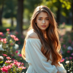 A beautiful 18-year-old woman, posing gracefully in a soft, natural setting