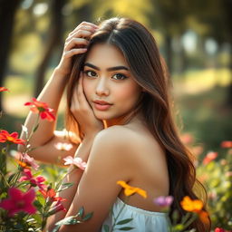 A beautiful 18-year-old woman, posing gracefully in a soft, natural setting