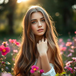 A beautiful 18-year-old woman, posing gracefully in a soft, natural setting