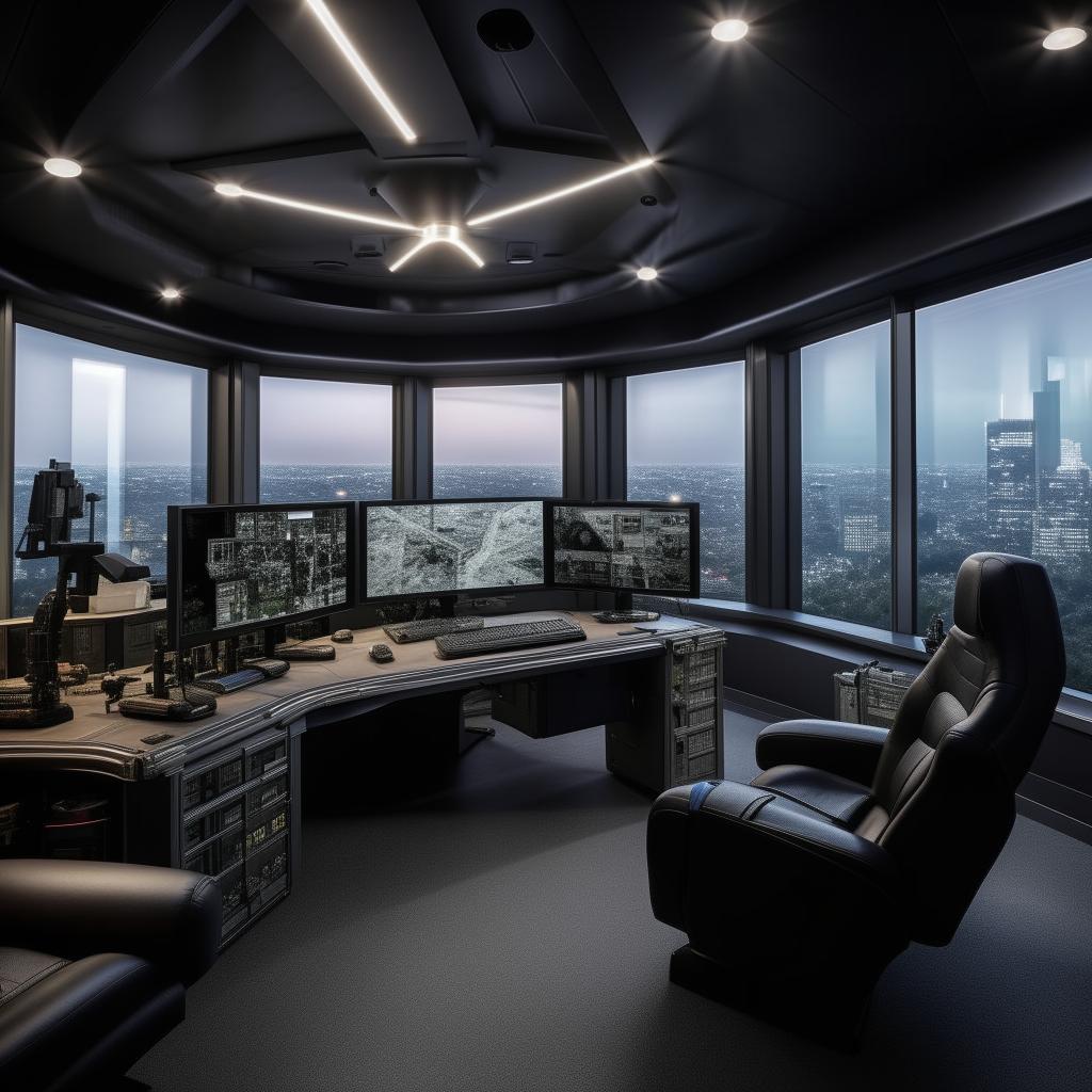 A penthouse office modeled after a SWAT commander's office, incorporating features suggested by the image provided in the linked website.