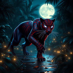 A hybrid panther showcasing Spider-Man's iconic red and blue patterns, complete with glowing web-like markings, prowling through a mystical moonlit jungle