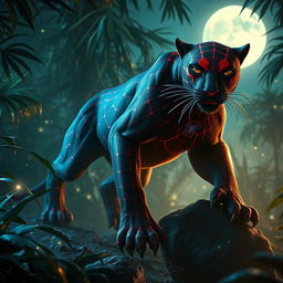 A hybrid panther showcasing Spider-Man's iconic red and blue patterns, complete with glowing web-like markings, prowling through a mystical moonlit jungle