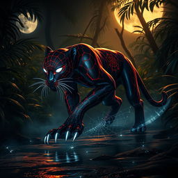 A hybrid panther showcasing Spider-Man's iconic red and blue patterns, complete with glowing web-like markings, prowling through a mystical moonlit jungle