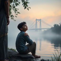 A boy named Aarav, aged 14, sitting on the edge of a peaceful river, gazing dreamily towards a mysterious bridge hidden in the misty background