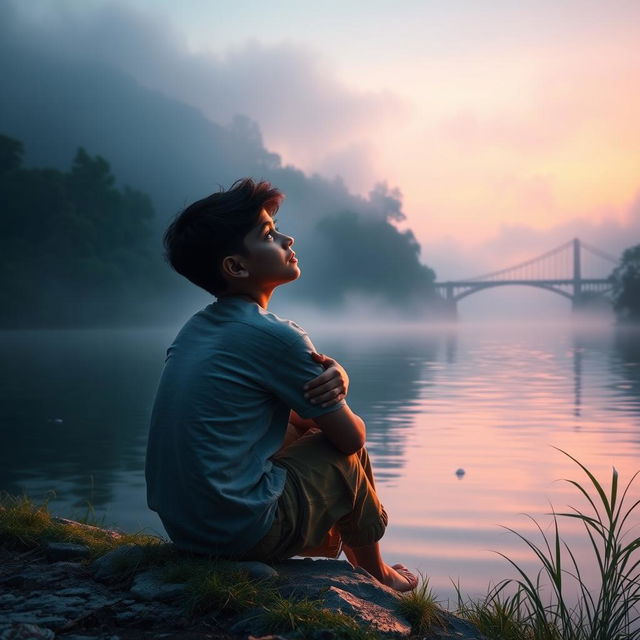 A boy named Aarav, aged 14, sitting on the edge of a peaceful river, gazing dreamily towards a mysterious bridge hidden in the misty background