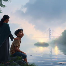 A boy named Aarav, aged 14, sitting on the edge of a peaceful river, gazing dreamily towards a mysterious bridge hidden in the misty background