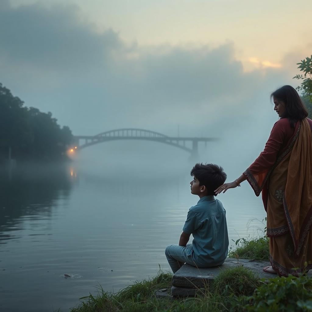 A boy named Aarav, aged 14, sitting on the edge of a peaceful river, gazing dreamily towards a mysterious bridge hidden in the misty background